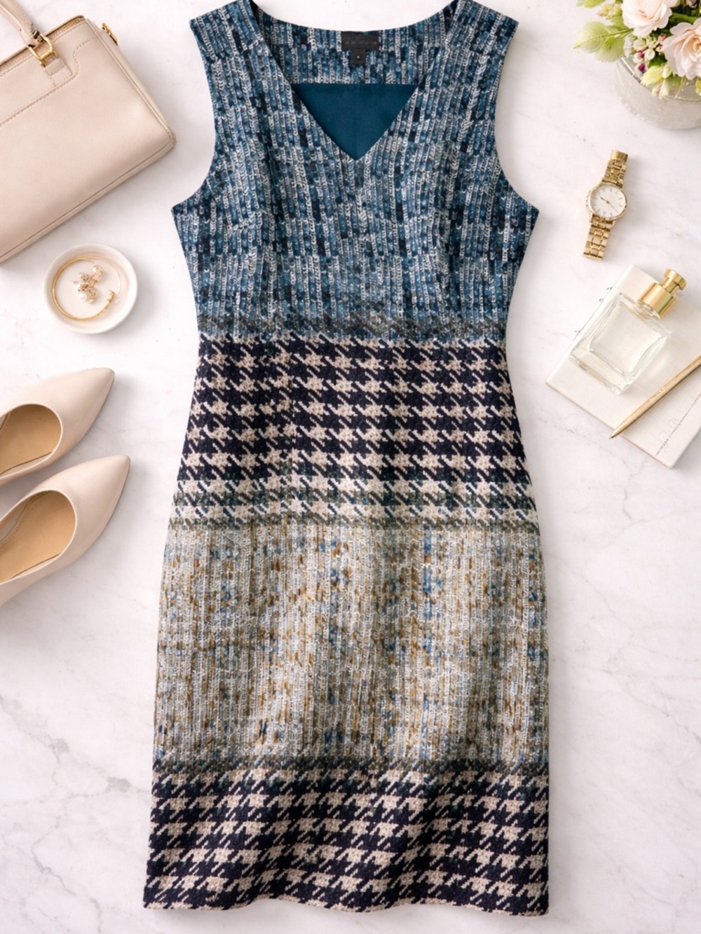 Worthington Sleeveless V-Neck Knit Houndstooth Midi Sheath Dress Plus Size 16